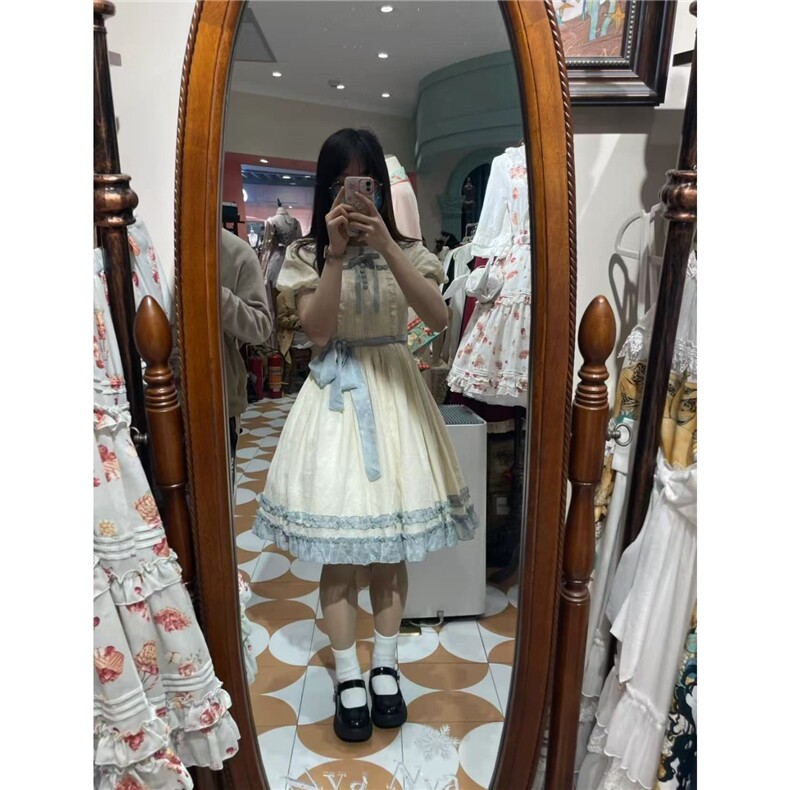 日系甜美可爱娃娃领泡泡袖绑带连衣裙女夏季收腰显瘦蓬蓬公主短裙,女装连衣裙,星座506A