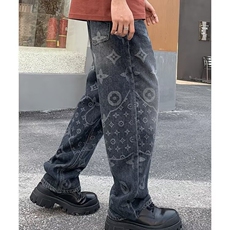 满印提花牛仔裤男秋季美式高街vibe直筒宽松阔腿潮牌痞帅炸街裤子，女装休闲裤，星座218-8
