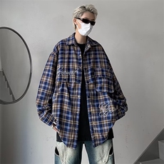 慵懒风格子衬衫长袖宽松休闲可拆卸式长短两穿衬衣1284-P45，男装衬衫，星座910-5
