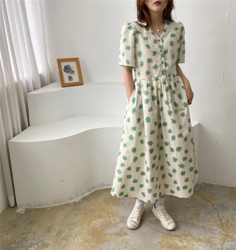 V领鸡蛋花连衣裙，女装连衣裙，土布鱼