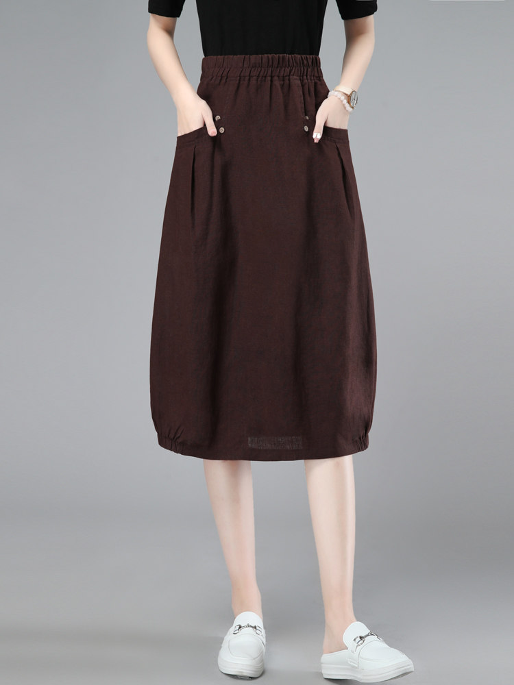 2023年夏季新款潮韩版时尚百搭亚麻裙女中长款休闲减龄松紧腰裙子，女装半身裙，简韵佳