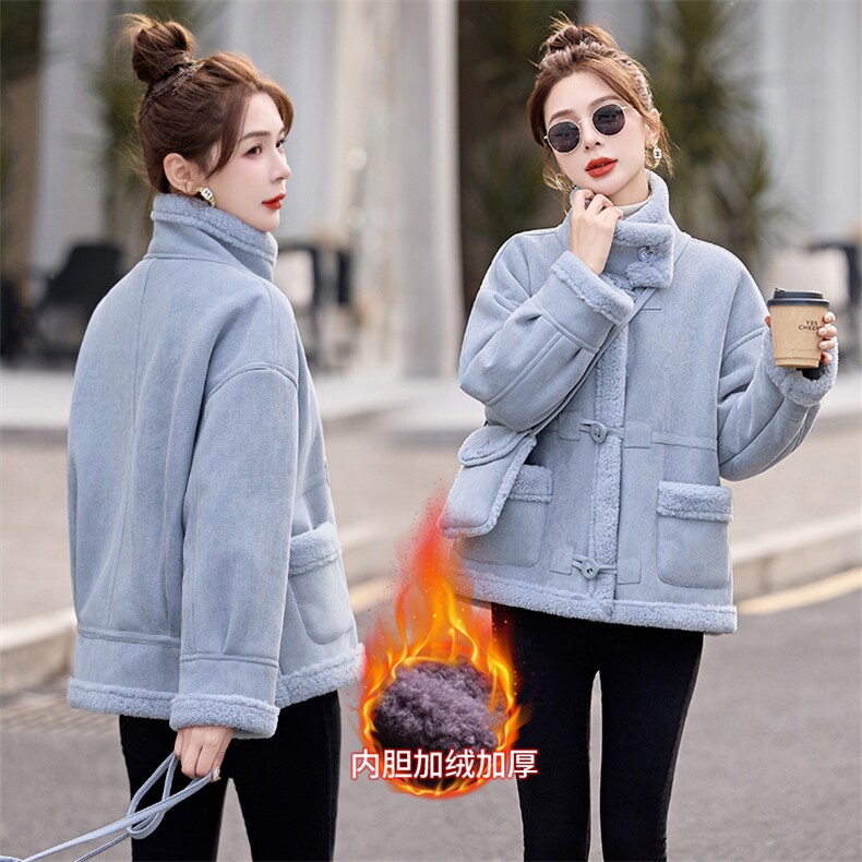 紫色羊羔毛皮毛一体外套女2024冬新款爆款短款加绒保暖麂皮绒夹克,女装棉衣/棉服,盈茜