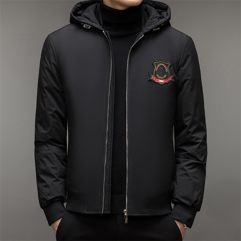新款男士连帽纯色羽绒服中年商务休闲上衣冬季厚款保暖白鸭绒外套图片