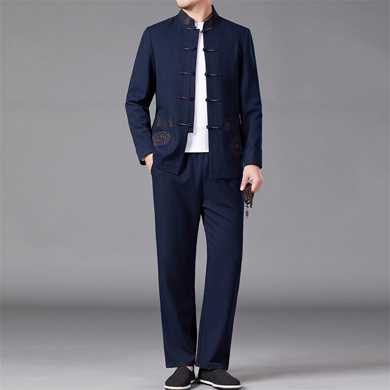 风唐装春季立领上衣休闲长裤中老年爸爸爷爷套装MJ7805-190,男装休闲套装,星座1105-3