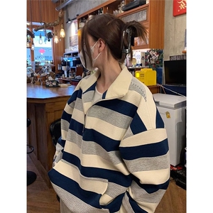 8805-P52美式复古加大码300斤胖mm半拉链条纹卫衣春秋季宽松长袖