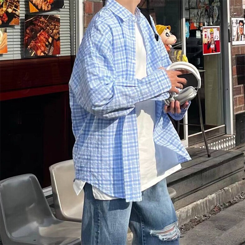 男装宽松长袖衬衫格子休闲衬衣男式薄外套格纹XZ716A-CS806P55,男装衬衫,星座716A（原星座815-4）