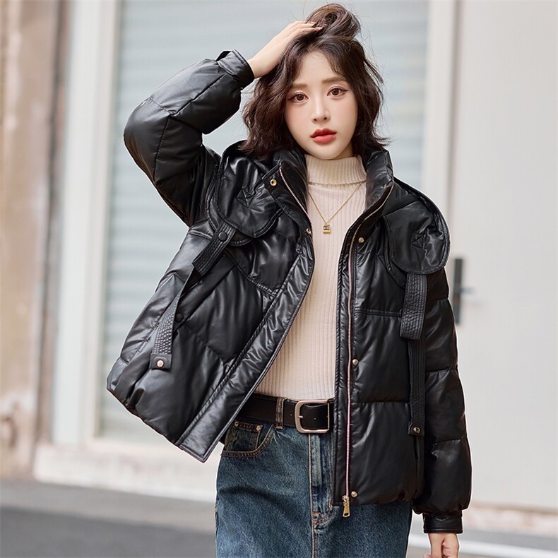 【冬季女装新款】时尚休闲白鸭绒PU皮羽绒服P285-K385,女装羽绒服,简古
