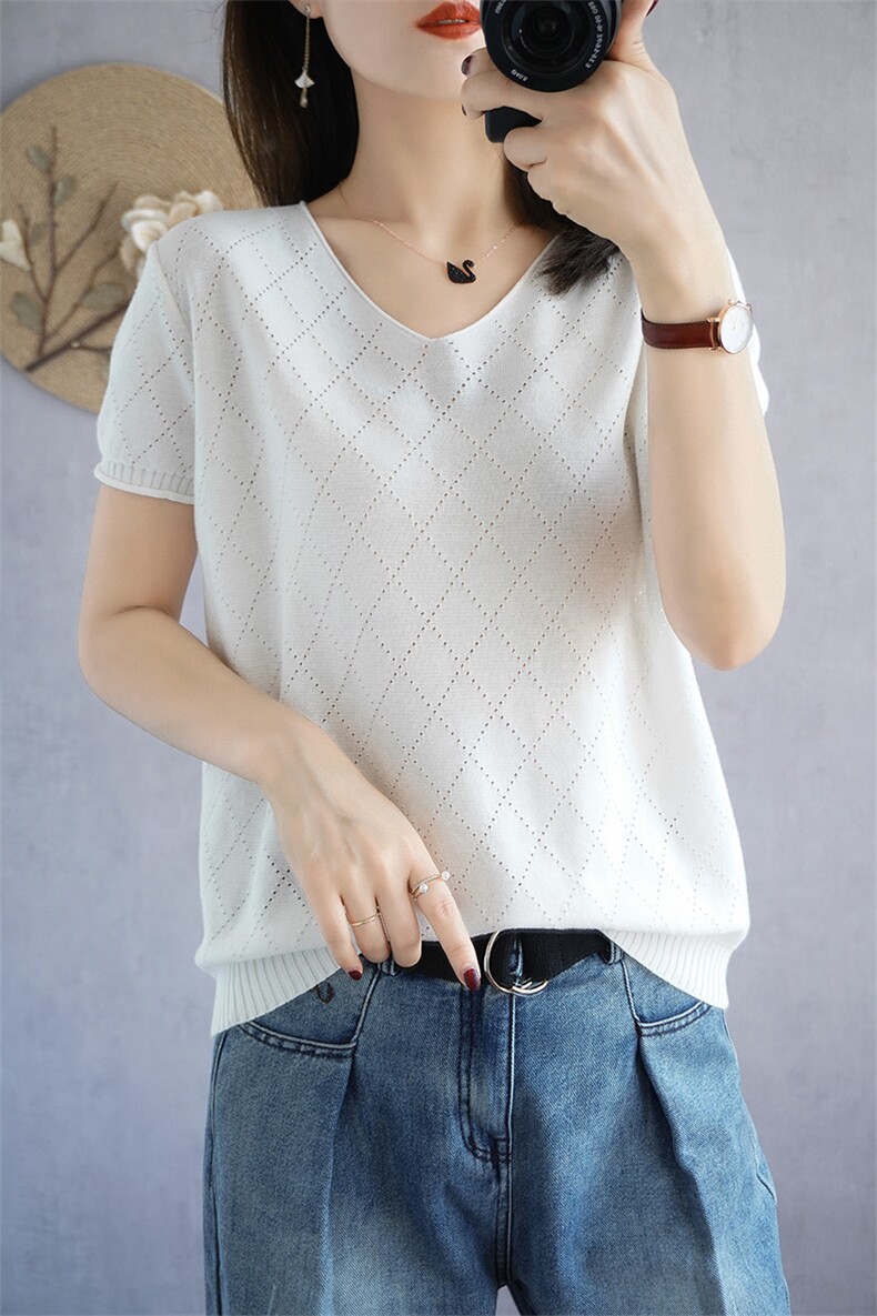 100%棉线短袖针织衫女V领套头镂空勾花半袖打底T恤衫全棉线背心薄,女装T恤,彩羽羊绒