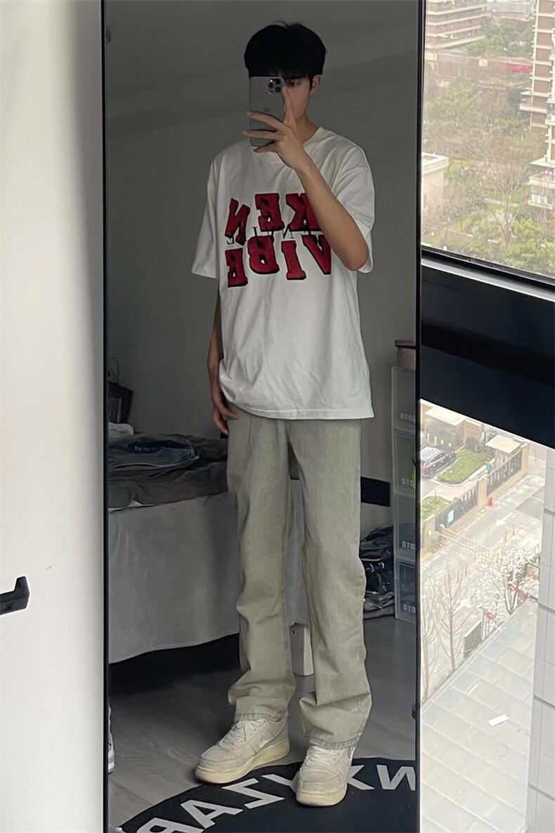 B221美式ins高街暗黑小众情侣毛巾绣直筒牛仔裤LK23021-P65控88,男装牛仔裤,电商B221