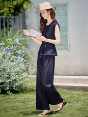 夏季薄款天丝牛仔套装女2025新款时尚巨好看无袖上衣阔腿裤两件套，女装套装/套裙，E百度