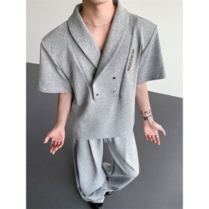 现货！25青果领男垫肩金属扣polo短袖T恤套装TZ21裤子p78衣服p68图片