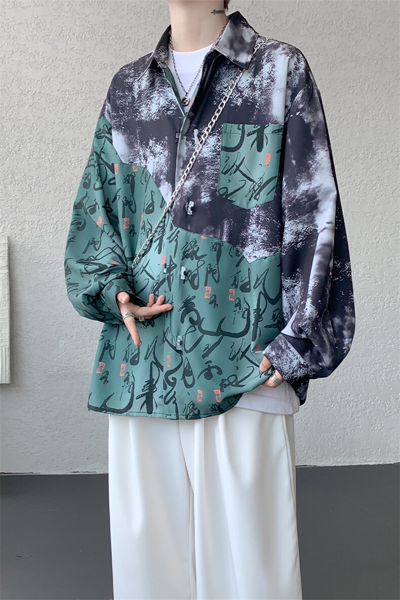 CS1152-特批38控68秋季新款新中式撞色拼接长袖冰丝衬衫大码男,男装衬衫,电商A059
