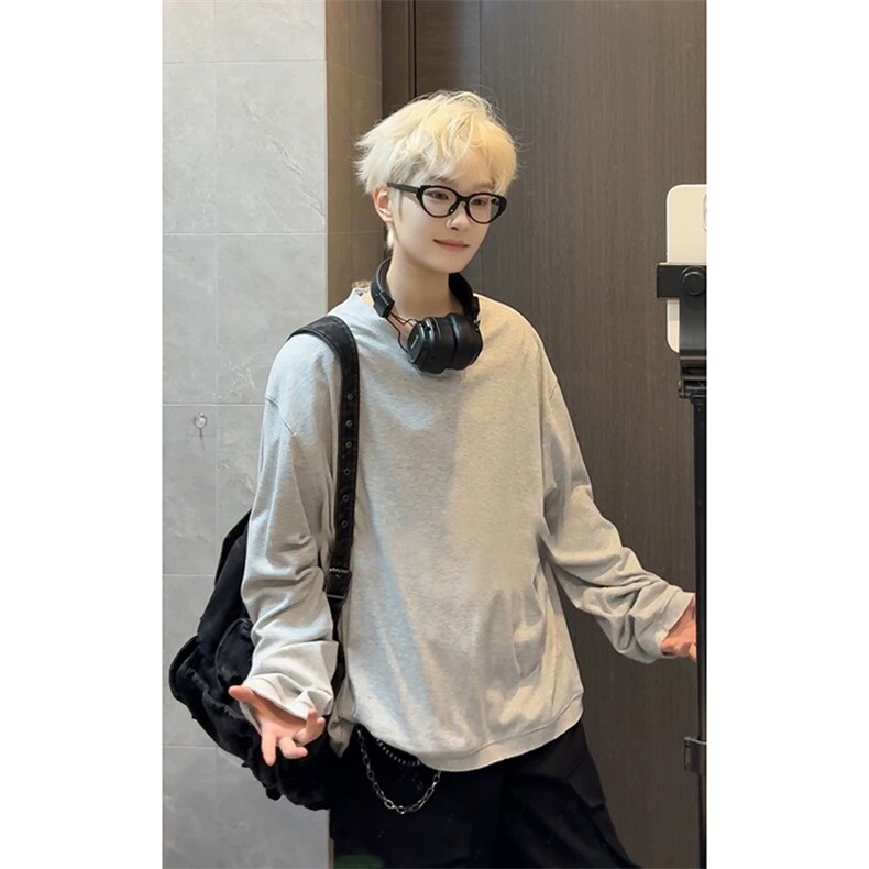 韩版ins潮简约百搭圆领上衣慵懒风细纹长袖T恤HY898TP28控49,男装T恤,电商A102B