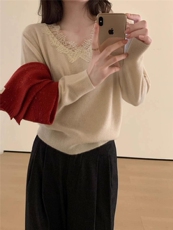 百搭女秋冬优雅气质V领蕾丝拼接羊毛衫显瘦修身长袖针织毛衣舒适，女装羊毛衫，戎咖羊绒