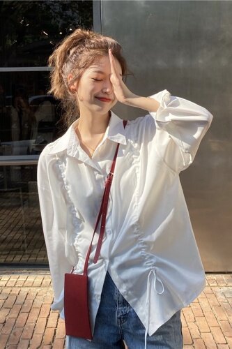 价！韩版早秋新款简约宽松抽绳系带百搭长袖衬衫上衣,女装衬衫,潮品会