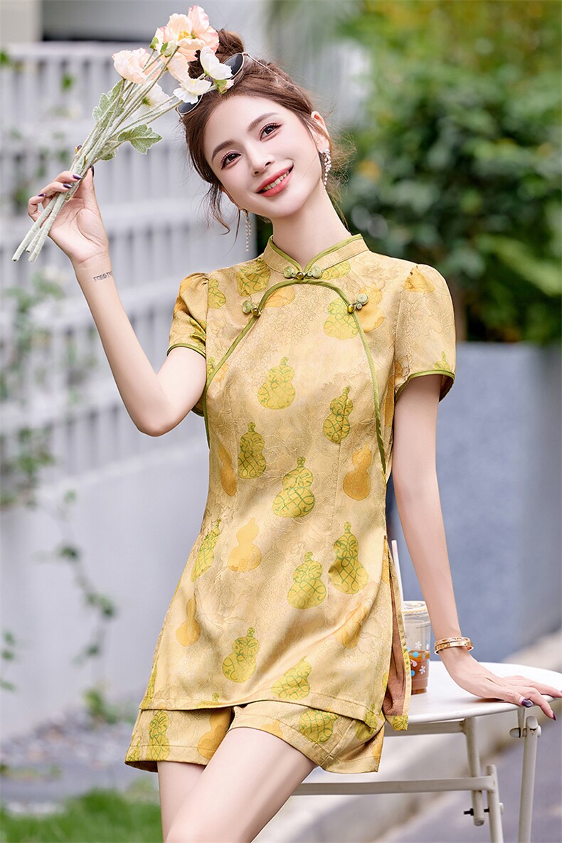 新中式风提花套装女2026夏新款盘扣短袖上衣显瘦高腰短裤两件套,女装套装/套裙,美沁