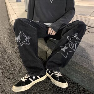 刺绣牛仔裤男ins高街宽松五角星老爹裤潮牌直筒阔腿裤子N1991-p45,男装牛仔裤,星座1008-2