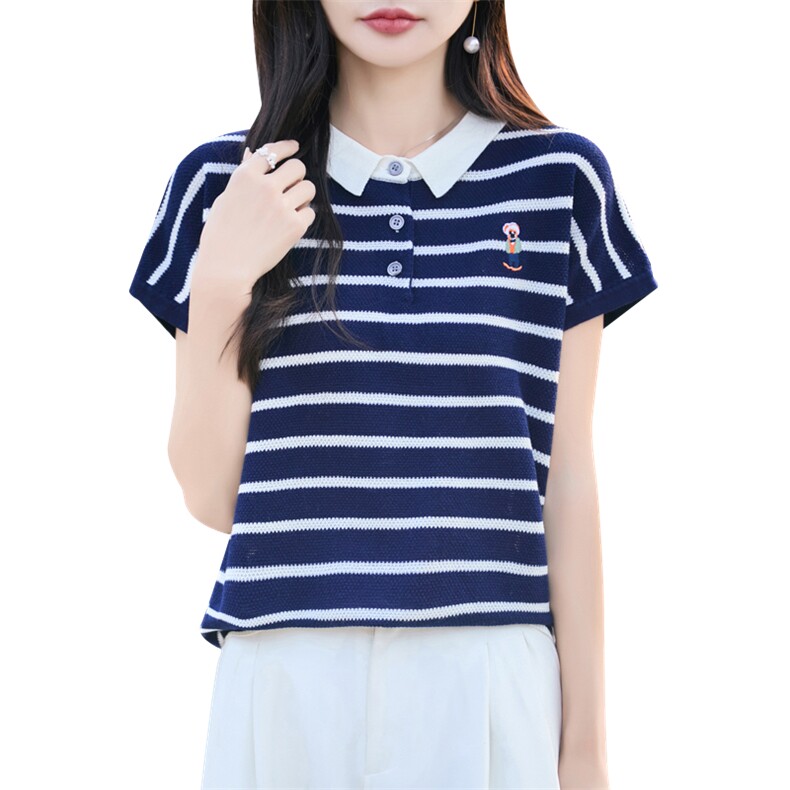 POLO领精纺羊毛针织短袖T恤女拼色条纹刺绣小熊上衣宽松半袖打底,针织衫/毛衣,大美人高端店