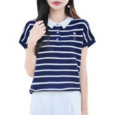 POLO领精纺羊毛针织短袖T恤女拼色条纹刺绣小熊上衣宽松半袖打底，女装针织衫/毛衣，大美人高端店