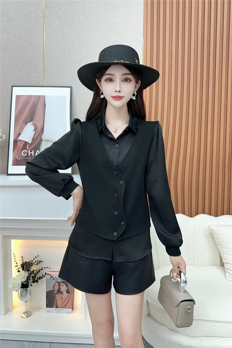 时尚假两件衬衣秋季新款大码女上衣洋气拼接减龄打底衬衣潮，女装衬衫，思沃羊绒