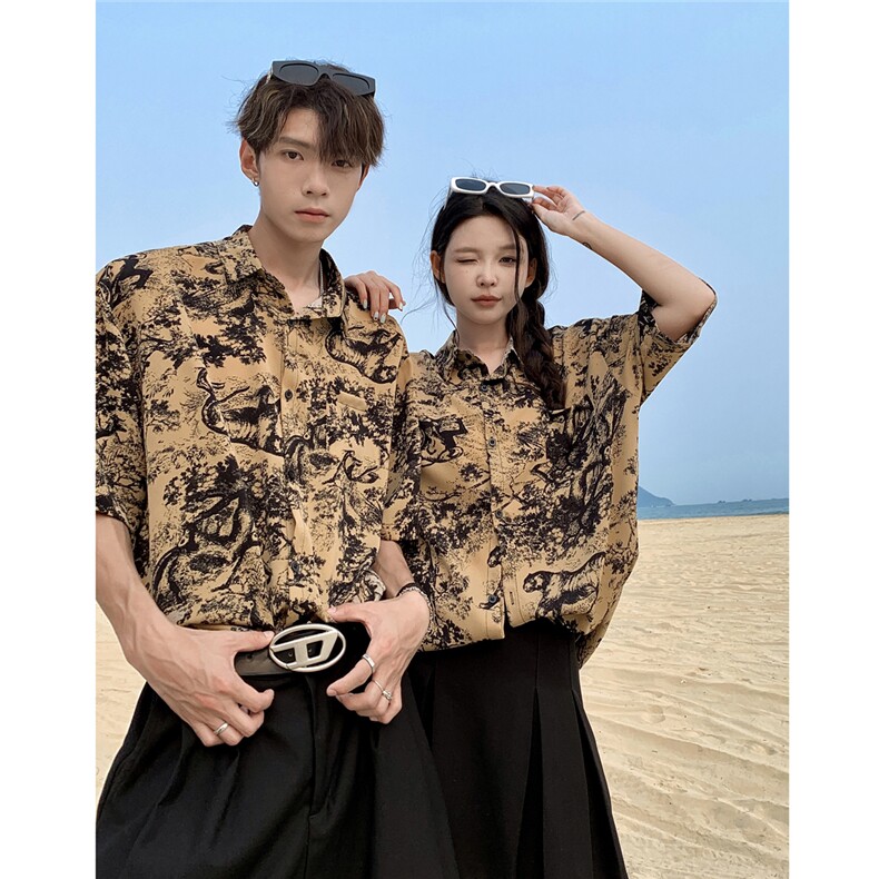 EQ406夏威夷风夏季冰丝短袖衬衫情侣装短袖衬衣男女沙滩旅游风,男装衬衫,电商C306-1