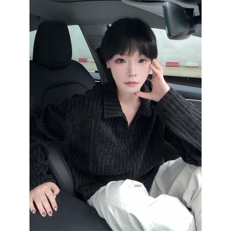 鱼骨纹海鸥V领卫衣男款秋季polo衫长袖t恤美式重磅正肩内搭打底衫,男装T恤,电商A335-1（原A458）