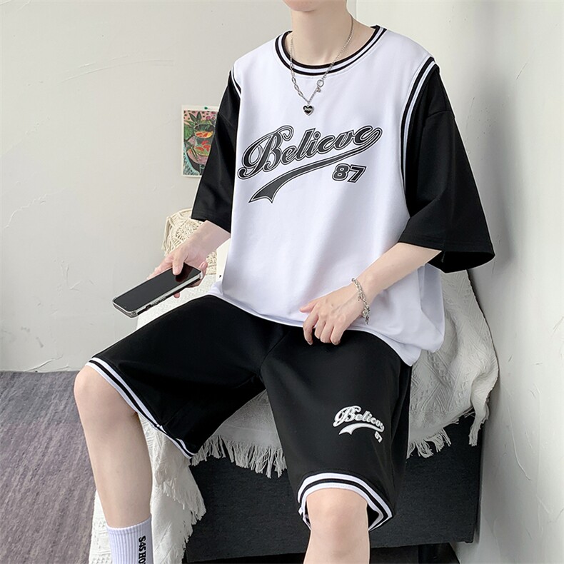 2024夏季短袖T恤套装青少年纯棉篮球服潮流两件套男装F312P60控89,男装休闲套装,电商A086