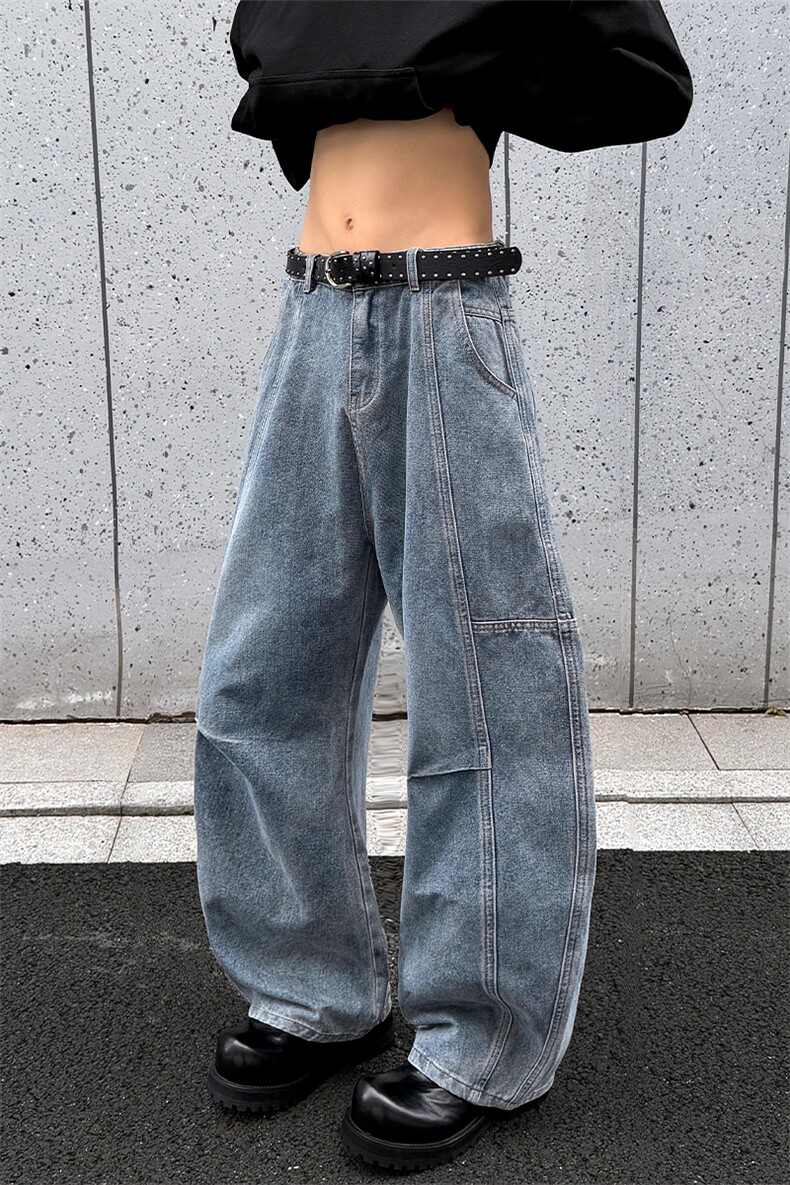 新款美式高街水洗拼接褶皱大码弯刀牛仔裤男宽松N6463-特P43控85,男装牛仔裤,电商A001