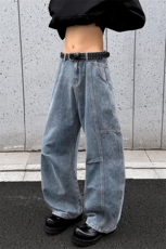 新款美式高街水洗拼接褶皱大码弯刀牛仔裤男宽松N6463-特P43控85，男装牛仔裤，电商A001