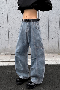 新款美式高街水洗拼接褶皱大码弯刀牛仔裤男宽松N6463-特P43控85图片