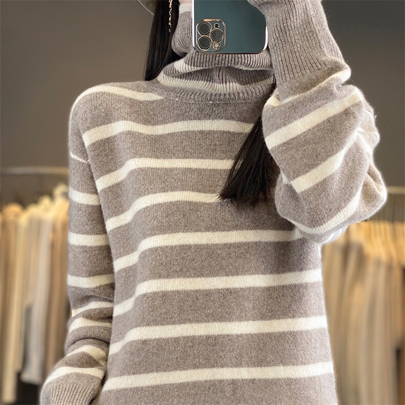2024秋季新款高领条纹羊毛套头衫慵懒风,女装羊毛衫,优麦羊绒（原洪叶羊绒）