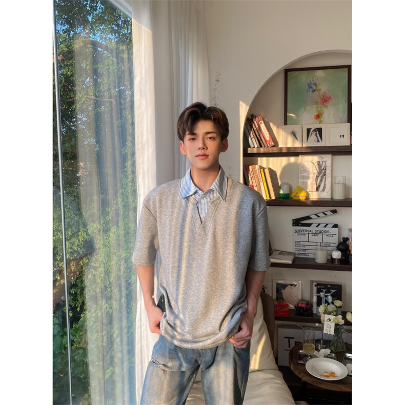 短袖男款夏季polo衫学院风拼料翻领T恤男假两件T719,男装T恤,星座1116A（原606A-3）