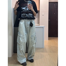 工装牛仔裤男女浅蓝色高街百搭大口袋2025春季ins长裤RK2542-P59，男装牛仔裤，星座412-1