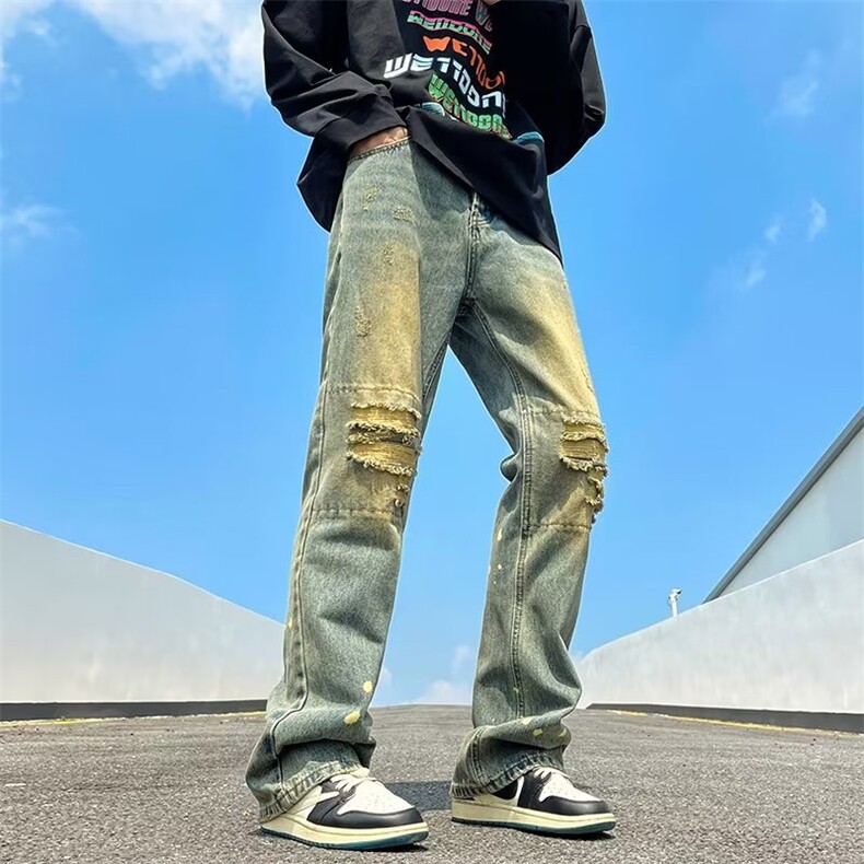 高街破洞牛仔裤男韩版染黄泥个性2024冬季新款ins长裤RK1239-P49,男装牛仔裤,星座412-2