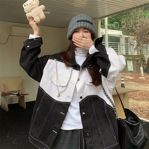 牛仔外套女新款韩版ins潮百搭宽松休闲黑白拼接夹克上衣NZ002-85图片