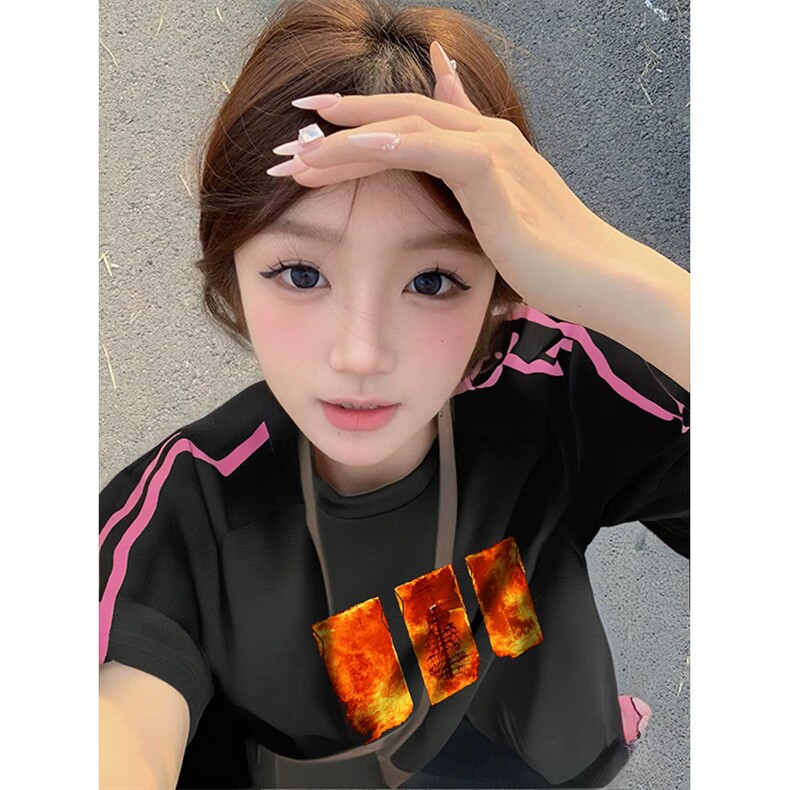抖音得物品质二开240克宽松纯棉美式潮牌印花三条杠中性风短袖T恤,男装T恤,电商A486