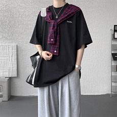 8XL-M潮情侣美式拼接打结格子假两件短袖宽松纯棉T恤男DX338，男装T恤，电商D206-1