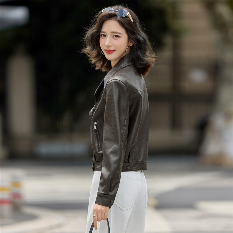 时尚机车范西装领皮衣外套女2025秋季新款小个子短款百搭夹克上衣,女装皮衣,梦依缘
