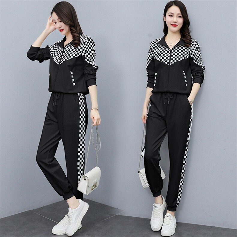 运动套装女2022新款洋气网红炸街休闲时尚棋盘格加绒卫衣两件套，女装套装/套裙，曼娅璐