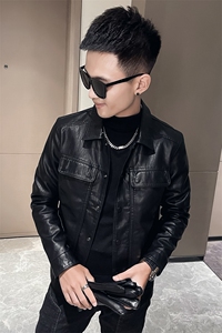 短款工装翻盖口袋皮衣男外套秋冬季男士皮夹克   P9803-P115绒125图片