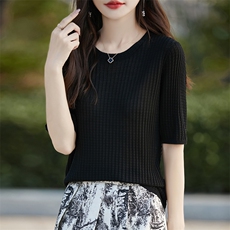 100%纯天丝短袖T恤女低圆领华夫格针织衫夏季新款显瘦气质半袖薄，女装T恤，暖烁羊绒