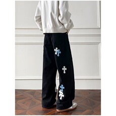 破洞牛仔裤男街头痞帅嘻哈高街十字架贴皮复古白色长裤AM991P52，男装皮裤，星座1013-5