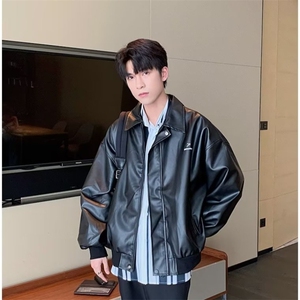 皮衣外套男款秋季美式高级感痞帅潮牌翻领宽松pu皮拼接机车服夹克图片