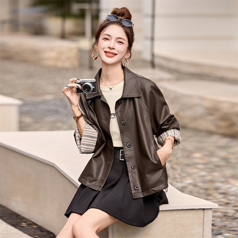 海宁皮衣女款2025新款春秋小个子翻领高级感卷袖PU机车皮夹克外套,女装皮衣,潮流依族