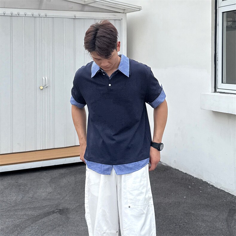 得物抖音高品质二开夏季美式潮牌高街假两件格子衬衣翻领短袖T恤,男装T恤,电商A486