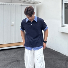 得物抖音高品质二开夏季美式潮牌高街假两件格子衬衣翻领短袖T恤，男装T恤，电商A486