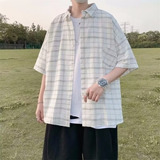 夏季短袖男生格子衬衫翻领衬衣宽松休闲上衣，男装衬衫，星座1013