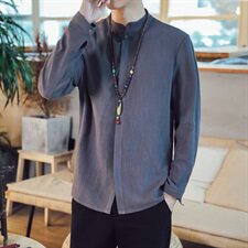 T90*2021春秋男士长袖衬衫棉麻衬衣修身休闲男麻料衬衫白色*P55，男装衬衫，星座1516（原B303）