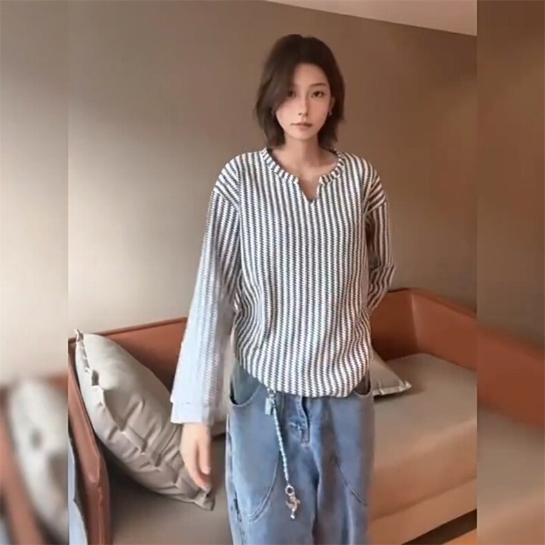 美式高街千鸟格子长袖T恤男女亨利V领英伦雅痞休闲宽松长袖打底衫,男装T恤,电商A443