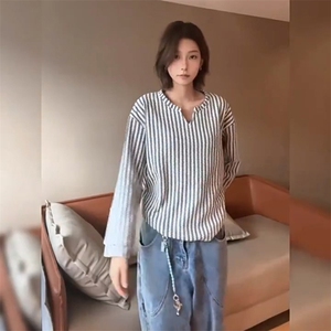 美式高街千鸟格子长袖T恤男女亨利V领英伦雅痞休闲宽松长袖打底衫图片